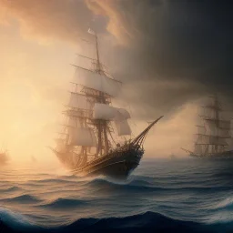 photo of a ultra realistic sailing ship, dramatic light, pale sunrise, cinematic lighting, battered, low angle, trending on artstation, 4k, hyper realistic, focused, extreme details, unreal engine 5, cinematic, masterpiece, art by studio ghibli, intricate artwork by john william turner