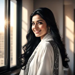 Hyper Realistic Photographic View Of A Gorgeous Pashto Young Woman (Wearing Long White Coat With Black Dress With Black Embroidery & Wearing Plain White Dupatta On Her Neck) Happily Standing & Smiling In Her Office Room With Her Beautiful Long Black Hair With Sun Rays Coming From A Fancy Window At Her Back, With A Little View From Outside WIndow Showing Dramatic & Cinematic Ambiance.