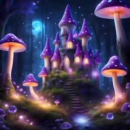 purle glowing mushroom castle in fantasy forest at night, magical glowing fireflies and crystals, photorealistic, ultra detailed, bright colors