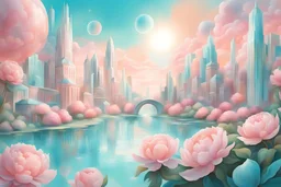 Dans des couleurs douces, lumineuses et pastels une cité cosmique avec des édifices aux formes douces et rondes, en cristal où le soleil se reflète, des fontaines, des rivières turquoises, des pâquerettes blanches, des pivoines roses. une ambiance douce, légère, harmonieuse, pacifique et poétique. les dessins sont très fins et subtils