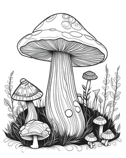 mushroom world with snail on 1 mushroom minimalistic landscape. line art, background, vector, svg, coloring book page style, black outline on white background