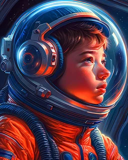 a close up of a boy in a space suit, portrait of an astronaut, portrait of an ai astronaut, jen bartel, portrait of astronaut, detailed astronaut, inspired by Tim Hildebrandt, futuristic astronaut, glowing spacesuit, sci-fi digital art illustration, stefan koidl inspired, in spacesuit, looking out into space, astronaut