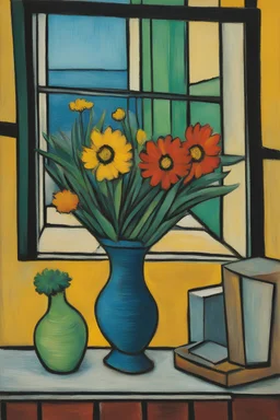 An image by Picasso and Van Gogh of a pot of flowers in a window sill, oil pastel painting