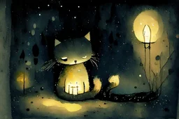 so much fluff, painted and burned burlap, moonlight, cute chibi kitten, styles of Paul Klee Dee Nickerson and Tim Burton, melting watercolor and black ink outlines on wet paper, soft, shading strokes, in candlelight, ethereal, otherwordly, cinematic postprocessing, bokeh, dof, S<AI