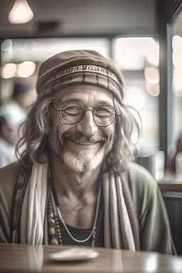 As you enter the coffee shop, you notice an enigmatic figure, a hippie in his 40s with wise eyes and a knowing smile. Describe the encounter and capture the essence of the profound life lessons he imparts. soft focus lens