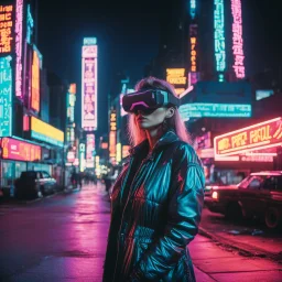 street photography of a woman on the street, night time, cyberpunk neon lights, 16mm , perfect photography, 1980's,vhs footage,wearing futuristic VR,low light,shot by jvc gr-sz7,glitch,back to the future