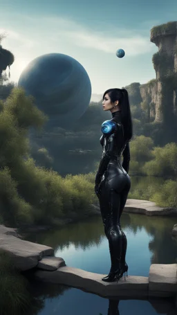 Fantasy Photo Of A Woman With Black Hair, Wearing A robot-looking catsuit, standing sideways On A Ledge next to a Pond, With A Planet rising Behind Her Head