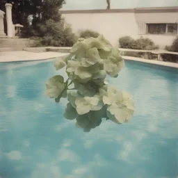 Hydrangea in a swimming pool, old polaroid 1960s