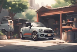 can you draw a cool garage and mini cooper s in the style of Kemono