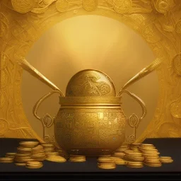 Gold Pot full of gold coins,extremely detailed digital,painting, extremely detailed ,perfectly centered image, perfect composition, rim light, beautiful lighting,masterpiece,8k, stunning scene, raytracing, anatomically correct,, in the style of st6udio ghibli,Ultra detailed