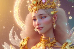 very beautiful crystal and gold goddess in a galactic ambiance, nice smiling, transparent petals, delicate colors, full of details, smooth, bright sunshine，soft light atmosphere, light effect，vaporwave colorful, concept art, smooth, extremely sharp detail, finely tuned detail, ultra high definition, 8 k, unreal engine 5, ultra sharp focus