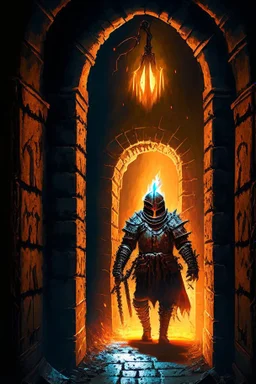 A frightening castle dungeon hallway with an evil knight warrior in rusty chainmail holding a burning torch painterly rpg art