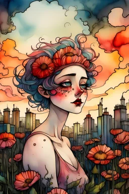 Adult woman, with (red eyes:1.7) wearing tank top with a crown of flowers, looking at the sky, city, surrounded by daisies and poppies, skyline, sunset colors, watercolor, ink, summer clouds, big rosy lips, rosy cheeks, vines, art by tim burton and MSchiffer, UHD wallpaper
