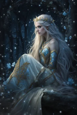 Elven princess,elven crown,long blonde golden hair,rapunzel hair,ice flowers,beautiful,light blue,dark blue,golden armor,sparkle,glitter,ice flowers,snow,elven ears,dark fairy princess