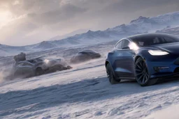 A Tesla 'Model S' is racing at top speed, on the planet 'Hoth'. CINEMATIC. WIDE ANGLE LENS. PHOTO REAL.