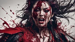 Tall girl samurai, face distorted with pain, screaming, tears streaming from eyes, siting pose, fullbody, splashes blood, behind guts rising from the ground, intricate, darkred tones, macro photography,