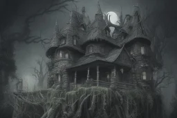  Wednesday Adams, black and white, tall narrow scary house , pointy roof, cursed trees , dense dark forest, forest background, spiders, bats, bones, Escher style