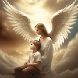 The image of a mother with angel wings watching and watching over her son from heaven