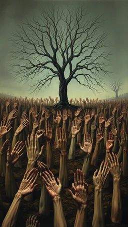 a field of thousands of hands of bodies buried in the ground not visible, horror, hands in different shapes coming out from the ground towards the sky , surrounded by a tree without leaves,Busch painting style nightmare
