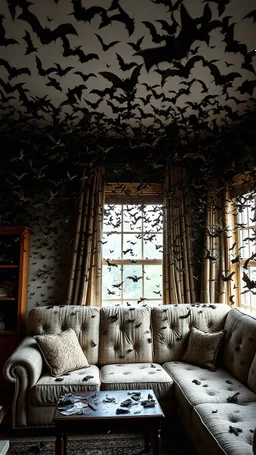 A room with furniture full of thousands of bats everywhere , on a the walls , ceiling, on the couches and furniture coming from windows and broken glass of the window