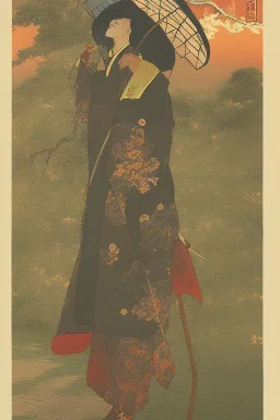 A man in old Japanese clothes is standing in nature while it is raining