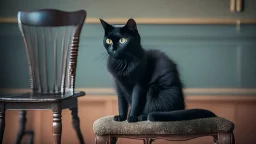 A black cat sitting on a chair in a room.