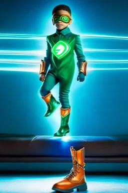 the flash fan and is a kid with emerald lighting symbol and blue suit and orange boots