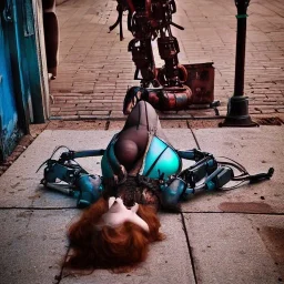 Rusty female steam punk cyborg laying in the streets sad and lonely, crying,suit is falling apart,neon lights,Tim Burton,sexy, beautiful, glowing,