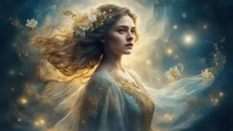 Victorian era, portrait of a beautiful woman 30 years old, beautiful airy dress, double exposure, fantasy, mysticism, night, fog, flowing hair, water, flowers, glare, sparkles, gold, fine drawing, clear lines, bright colors, high resolution, 3D , clear lines, photorealism,