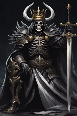 a demonic looking man with a sword in his hand, undead skeleton king, skeleton king, overlord season 4, ainz ooal gown, prince crown of black gears, the king of death, king of time reaper, overlord, lich vecna (d&d), dark and forboding, from overlord, scary knight, large black smile Overlord