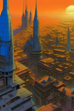 sci-fi/fantasy city seen from a high-floor building by Moebius