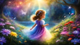 Une douce petite enfant erre dans son monde enchanté, Parmi les merveilles, elle adore explorer. Nuit enchantée, fleurs magiques, arcs-en-ciel de lumière, lucioles dansantes, fées lumineuses. Ses rêves sont vastes, pleins de beauté, Chaque instant est un nouveau bonheur. Dans son univers, tout est merveilleux, Un monde imaginaire, tendre et lumineux.