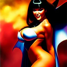 portrait oil on canvas, beautiful booty busty Vampirella, minimal armor,comic book cover, mystical colors,insanely detailed,realistic,intrincate detail, 16k resolution, masterpiece,Frank Frazetta,Alex Horley, Simon Bisley,