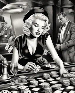 awesome mc escher illustration black and white style beautiful woman marilyn monroe playing poker smoking hip hop gangster hat chasing dragon, (illustration: 1.3), masterpiece, awesome illustration