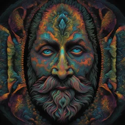 T-shirt design graphics on black background, Parametric structure, vivid colors, fluorescent, DMT, bioluminescent, frontal bearded man Head in mandelbrot style, Escher style, intricated details, cyberpunk, few colors, surreal, symmetrical, high contrast