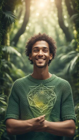 portrait of a happy blissed person woven into a sacred geometry knitted tapestry wall in the middle of lush magic jungle forest, bokeh like f/0.8, tilt-shift lens 8k, high detail, smooth render, down-light, unreal engine, prize winning