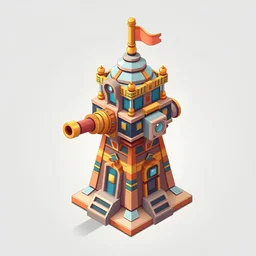 An ornate Ancient Egypt-themed tower defense unit with a heavy bazooka, featuring cartoon shading and low detail. Designed as a cute, simple mobile game asset with an isometric view. The unit has a whimsical, decorative design, perfect for Unity or Blender projects.