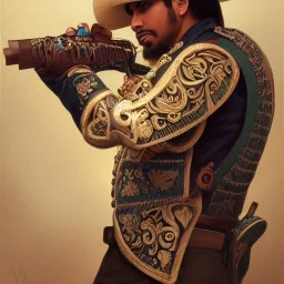 portrait,"Insanely detailed photograph of a mariachi warrior", intricate charo, sequenced Sombrero,handsome, detailed D20 flair, digital painting, artstation, concept art, smooth, sharp focus, illustration, art by artgerm and greg rutkowski and alphonse mucha, 8 k