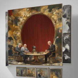 Putin, President Xi Of China And Joe Biden Play Chess With Atomic Bomb Mushroom Cloud,Complex Surgical Instruments Intermixed With A Newborn Boy,Minimalism,Painting By Adrian Ghenie,Rene Magritte,Pablo Picasso,Michelangelo,Salvador Dali,Lucian Freud