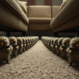 digital photography, long shot of the floor under a couch where an infinity stretches of an army of anthropomorphic fluff weasel hairball soldiers aligned in marching formations, fantastical, intricate details