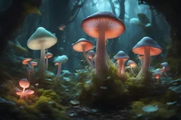 Beautiful realistic fairies playing on leaves of Beautiful Bioluminescent Carnivorous Plants and Mushrooms, a breathtaking frontier fantasy artwork Minimalist highly detailed and complex professional photography, masterpieces, 8k resolution concept art, Artstation, tricolor, Unreal Engine 5, cgsociety" ArtStation Concept Art Clear Focus Smooth cinematic 4K epic Details Serious Stoic ARTgerm AN's mature art.