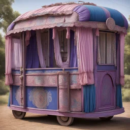 Old fashioned purple, blue and pink gypsy wagon decorated, curtains fluttering in the wind