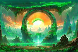 A fantasy painting of mysterious anomalous portals in the sky surrounded by floating islands and hovering rocks above a beautiful landscape in the style of Michael Whelan, energy surge, serene countryside, lush forests, soaring mountains, impressive detail, sunset, high resolution, 4K, 8K, masterpiece