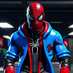 Spiderman sports a captivating ensemble, featuring a black beanie atop his head, a red hood mask with a blue bandana covering the lower half of his face, and a unique mullet and ponytail hairstyle. White and blue headphones adorn his neck, complementing his medium-toned complexion. His suit is a striking fusion of William Braddock's top design and the PS4 Spider-Man's bottom, accentuated by deep blue accents, creating a visually dynamic and original character ready to swing into action.