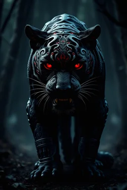 A fierce black jaguar with glowing red eyes, muscular build, adorned with tribal war paint resembling Kratos from God of War, standing in a dark, misty forest with dramatic lighting and deep shadows, cinematic style, ultra-detailed fur texture, intense expression, epic fantasy atmosphere