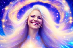 very beautiful cosmic women with white long hair, smiling, with cosmic dress and in the background there is a bautiful sky with stars and light beam