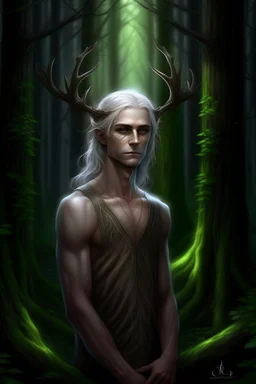 A mysterious portrait of a teen boy a with elegant antlers standing amongst a tall trees in a dark forest, pale skin, lustrous silver hair, very long hair, lean and athletic, wearing a toga, no shirt, no sleeves, dark background, leaning against a tree, glowing light from side, delicate line work, intricate details, high resolution,