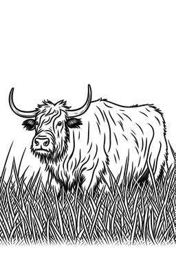 Yak eating grass. centered flat minimalistic black and white high contrast line drawing, coloring book style, {prompt}, (white sky, white clouds, white hair, white objects, white clothing, white fur, white skin, white terrain, white scales, white everything:1.1), blank white background.