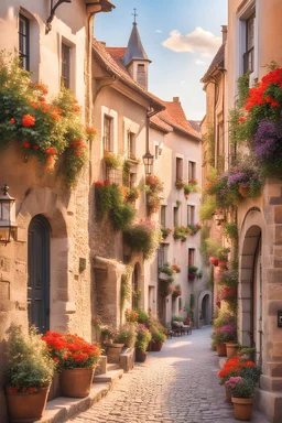 Quaint cobblestone streets wind through a historic European village, vibrant flowers adorning charming architecture, cozy cafes intermingle with local shops exuding timeless cultural charm, bustling squares alive with community interactions, intricate facades telling stories of artistic heritage, hidden alleys offering secluded whispers of the past, all embraced by an inviting ambiance, watercolor style, golden hour light, ultra fine details, 8k resolution.