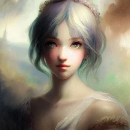 romantic era painting, william Turner, watercolor,Closeup face portrait of a fish princess, smooth soft skin, big dreamy eyes, beautiful intricate colored hair, symmetrical, anime wide eyes, soft lighting, detailed face, by makoto shinkai, stanley artgerm lau, wlop, rossdraws, concept art, digital painting, looking into camera